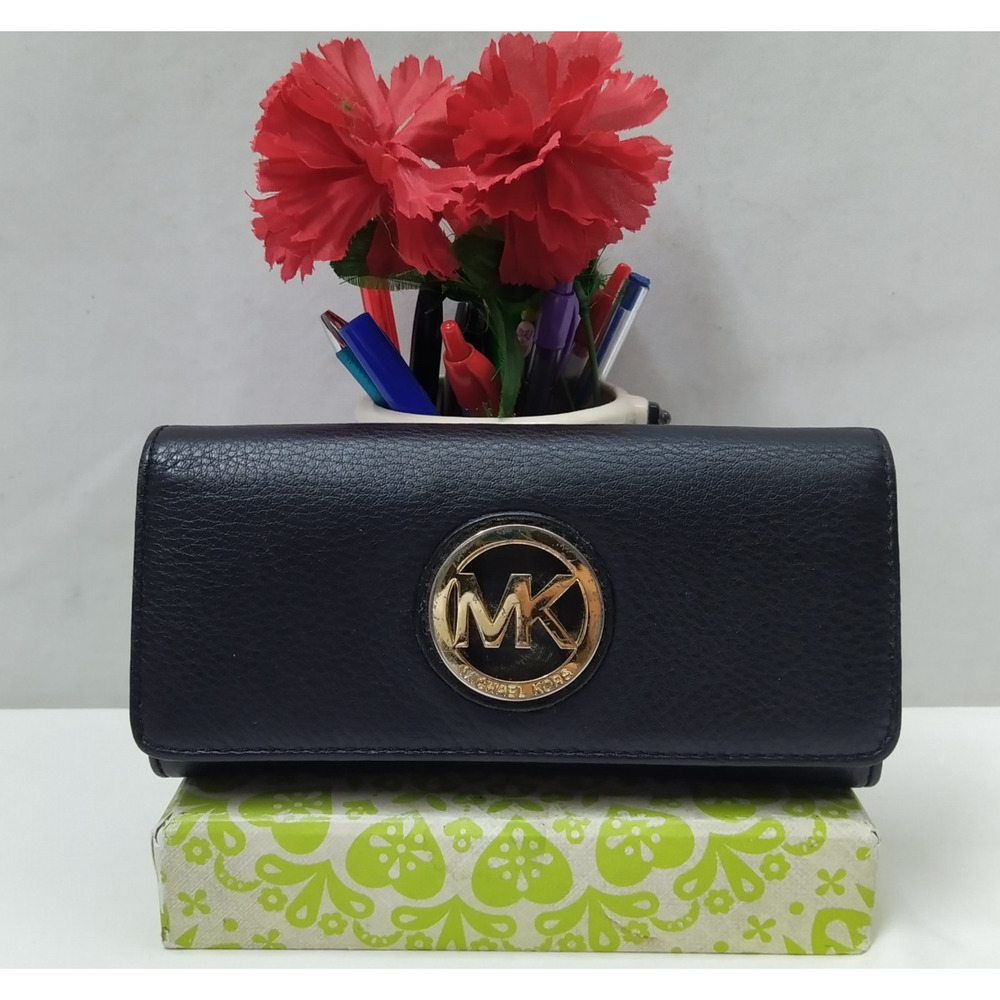 Michael Kors Black Leather MK Logo Credit Card Bifold Wallet